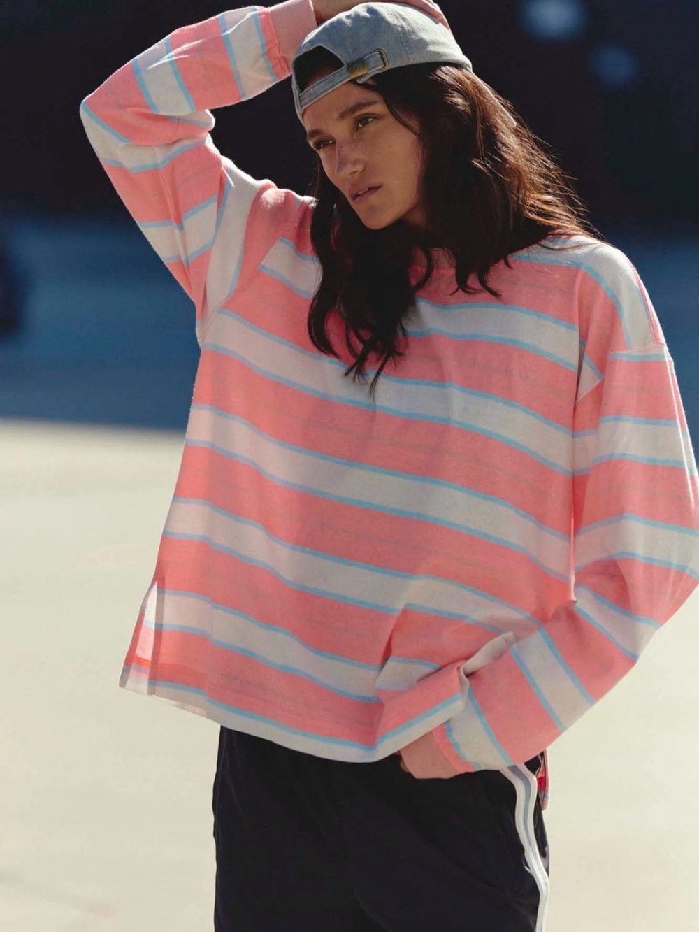 FP Movement by Free People Pink, White & Light Blue Striped Long-Sleeve Top